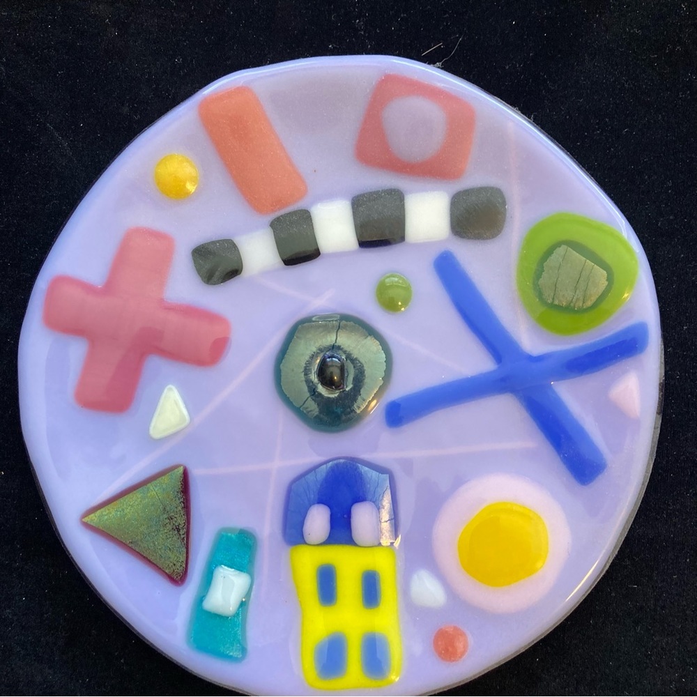 Lavender Village ”Design Fused Art Glass  Handmade 8”x 1” Bowl Lavender  Symbols
